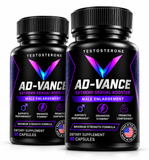 Two black supplement bottles labeled TESTOSTERONE AD-VANCE Extreme Sexual Booster, shown on a clean white background.
