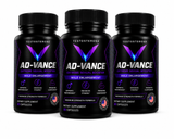 Three black supplement bottles of AD-VANCE Testosterone Extreme Sexual Booster arranged side by side on a white background.