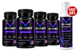 Five black supplement bottles labeled AD-VANCE Extreme Seaval Booster arranged in a row, alongside a white bottle of AD-VANCE Enlargement Gel with a red 'FREE GEL' badge, on a plain white background.