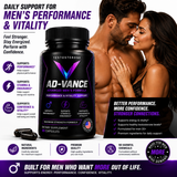 Testosterone AD-Vance dietary supplement bottle shown prominently on a promotional graphic with a couple in the background, plus feature icons and text claims about performance and vitality.