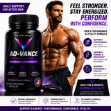 Testosterone supplement bottle labeled AD-VANCE Advanced Men's Formula, shown next to a muscular man on a white promotional background with text about performance and vitality support.