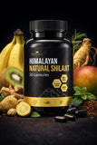 Black bottle of Himalayan Natural Shilajit with ingredients like bananas, kiwi, and ginger on a dark background