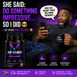 A promotional ad for Ad-Vance Male Enhancement supplement. The left side features a black bottle of the supplement with purple and white labeling.